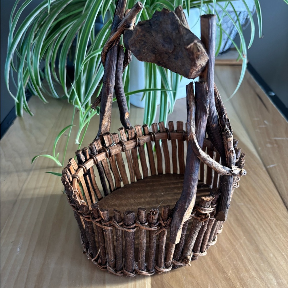 Unique handcrafted twig basket.
